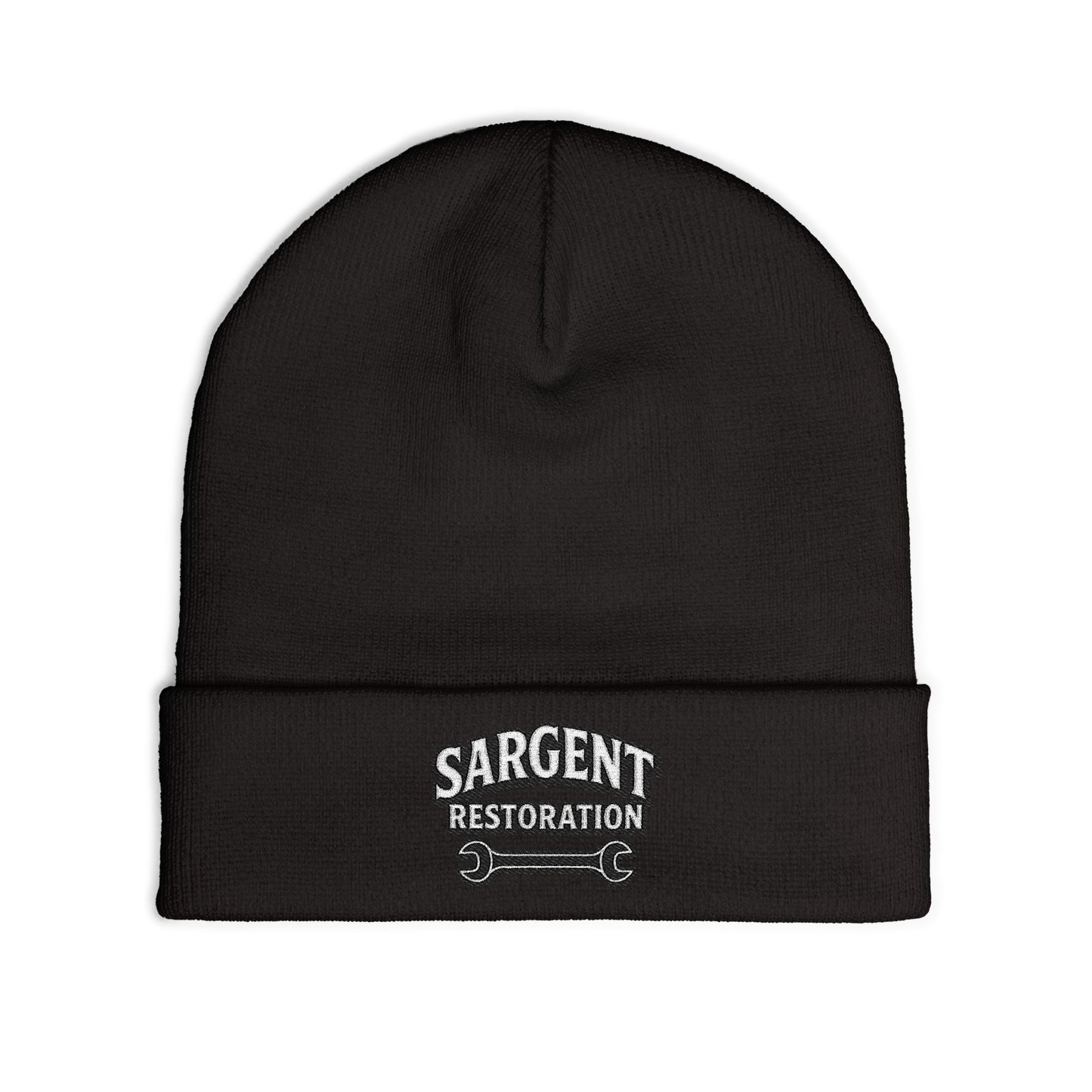 Embroidered 'Sargent Restoration' Knit Beanie – Mechanic Wrench Cuff Hat
