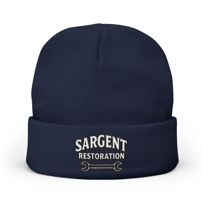 Embroidered 'Sargent Restoration' Knit Beanie – Mechanic Wrench Cuff Hat