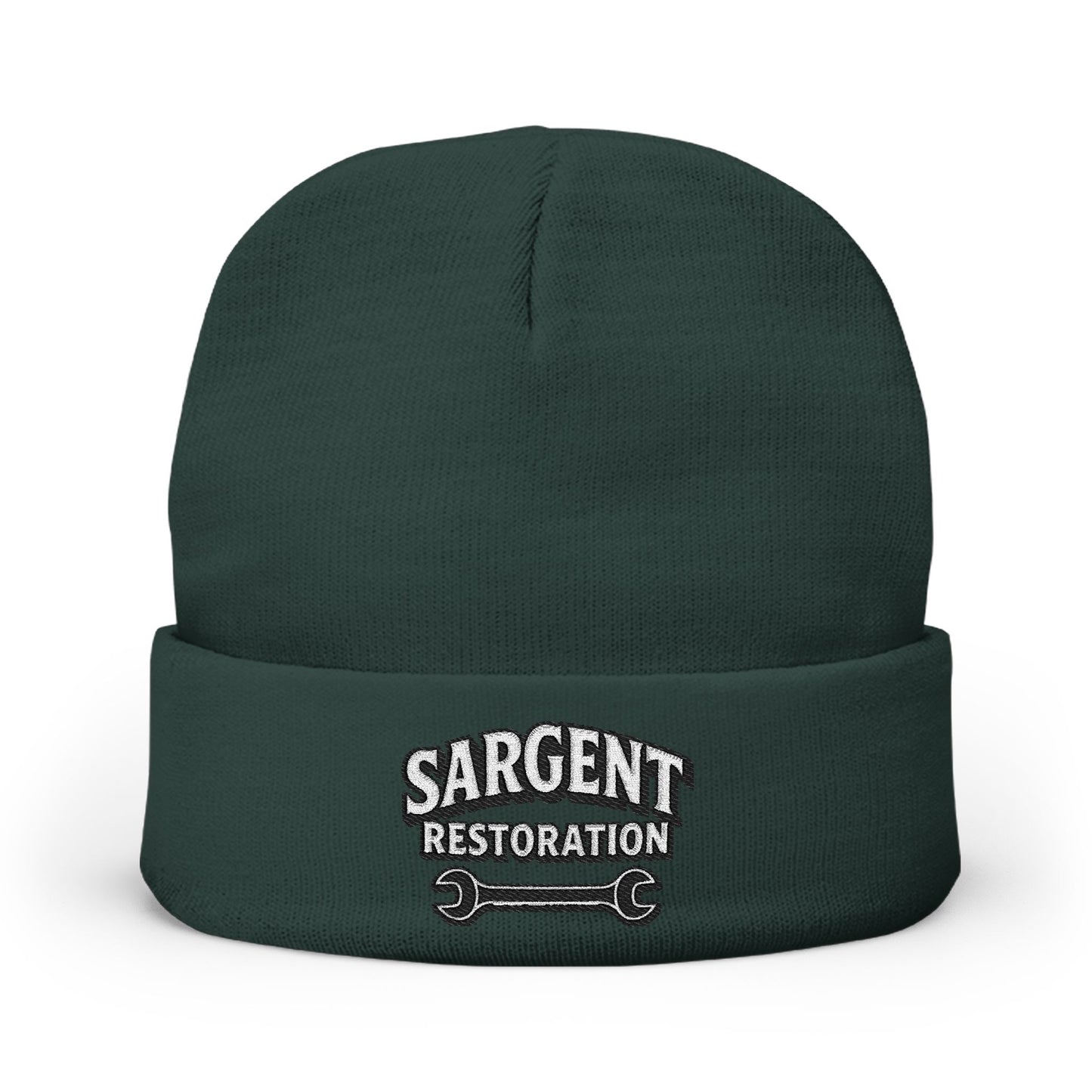 Embroidered 'Sargent Restoration' Knit Beanie – Mechanic Wrench Cuff Hat