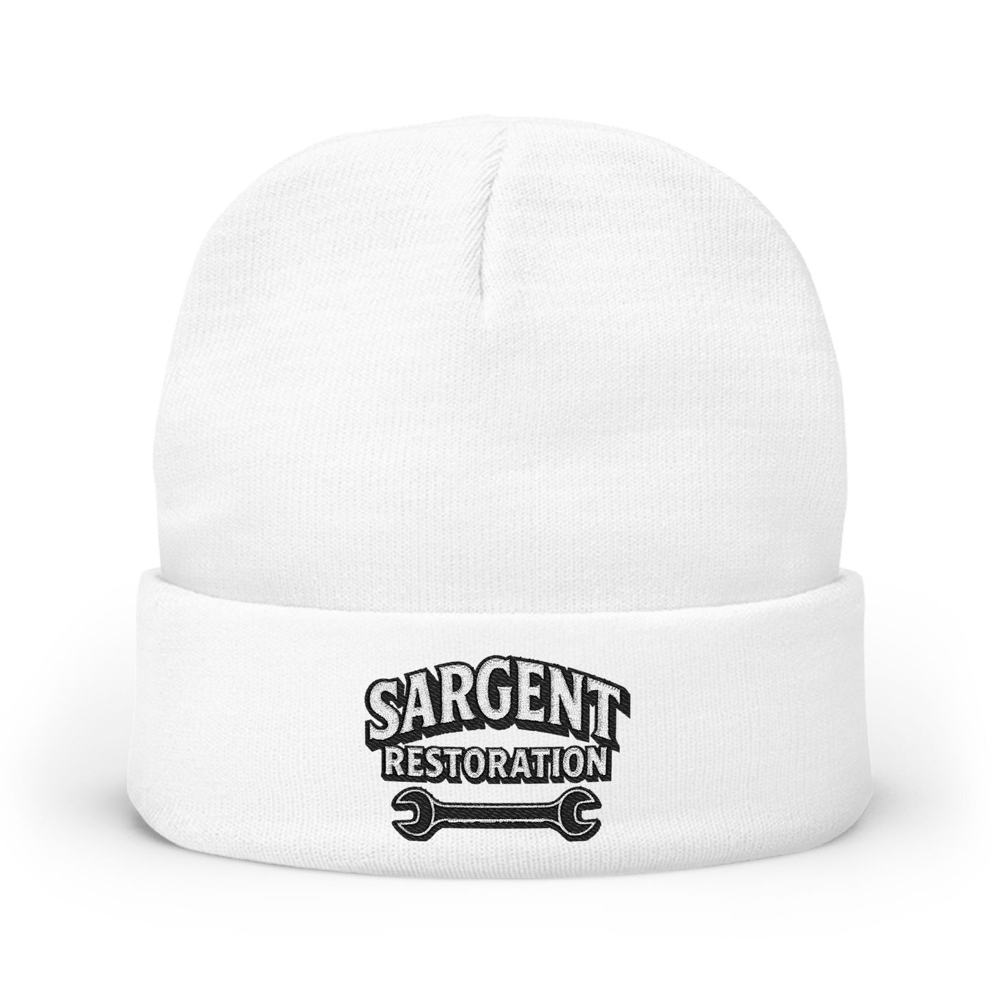 Embroidered 'Sargent Restoration' Knit Beanie – Mechanic Wrench Cuff Hat