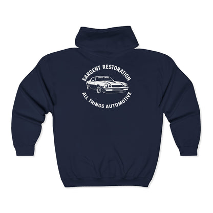 Retro Automotive Zip-Up Hoodie, Cozy Unisex Sweatshirt for Car Enthusiasts, Gift for Mechanics, Perfect for Road Trips