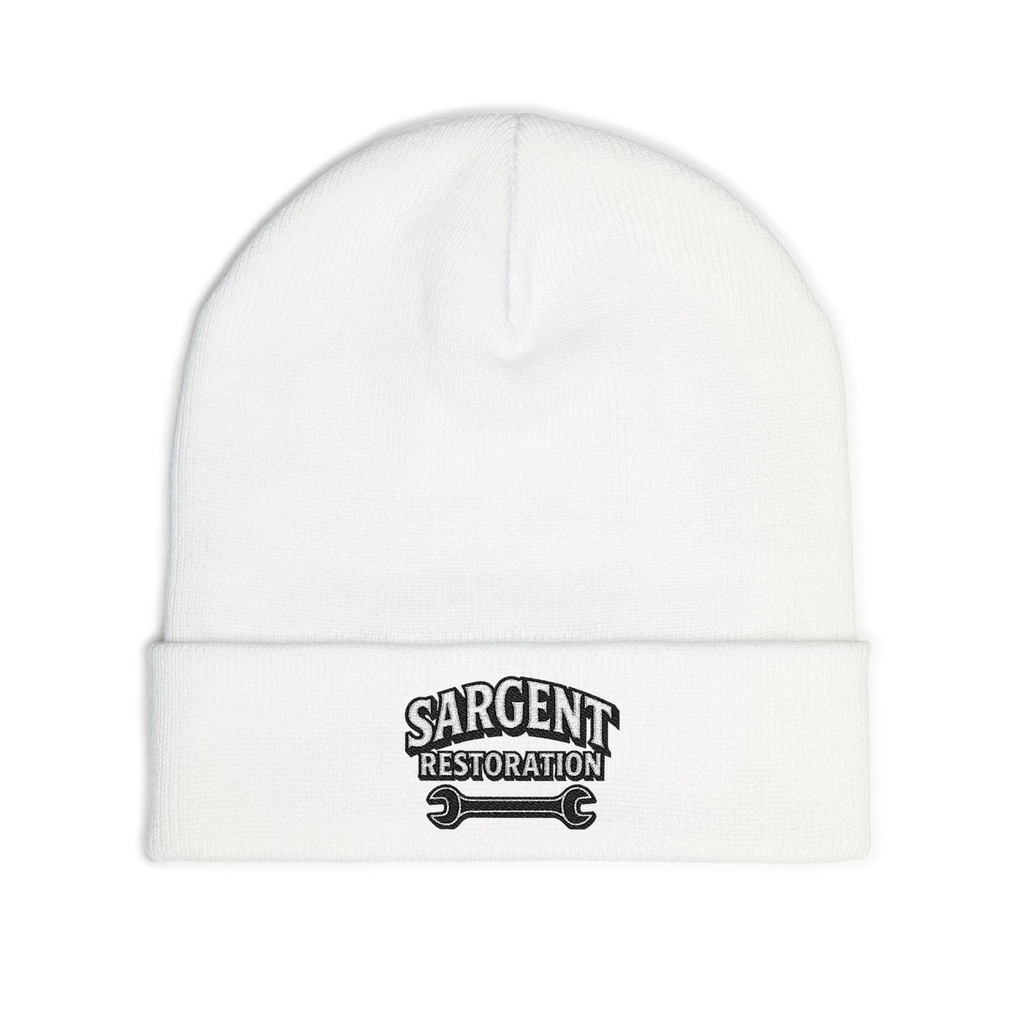 Embroidered 'Sargent Restoration' Knit Beanie – Mechanic Wrench Cuff Hat