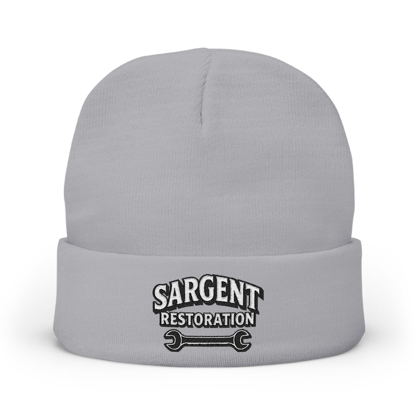 Embroidered 'Sargent Restoration' Knit Beanie – Mechanic Wrench Cuff Hat