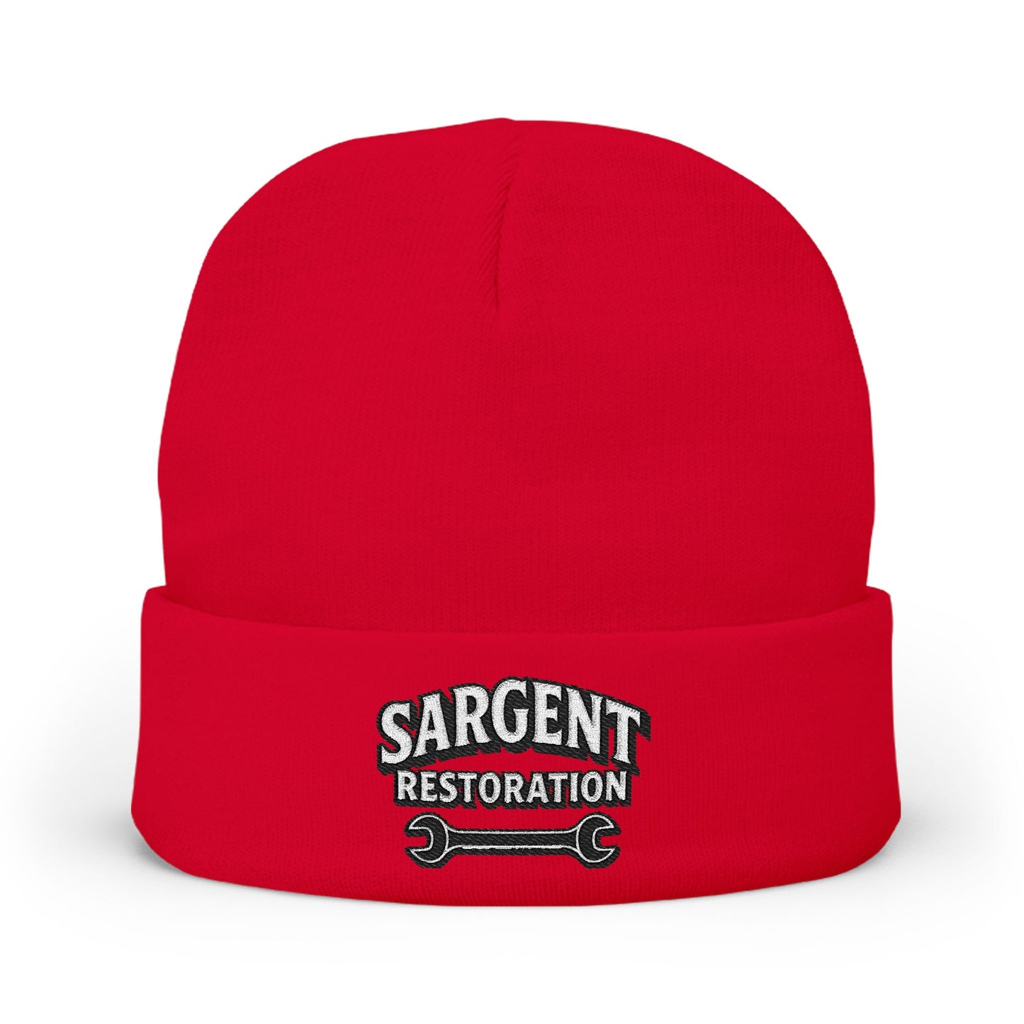 Embroidered 'Sargent Restoration' Knit Beanie – Mechanic Wrench Cuff Hat