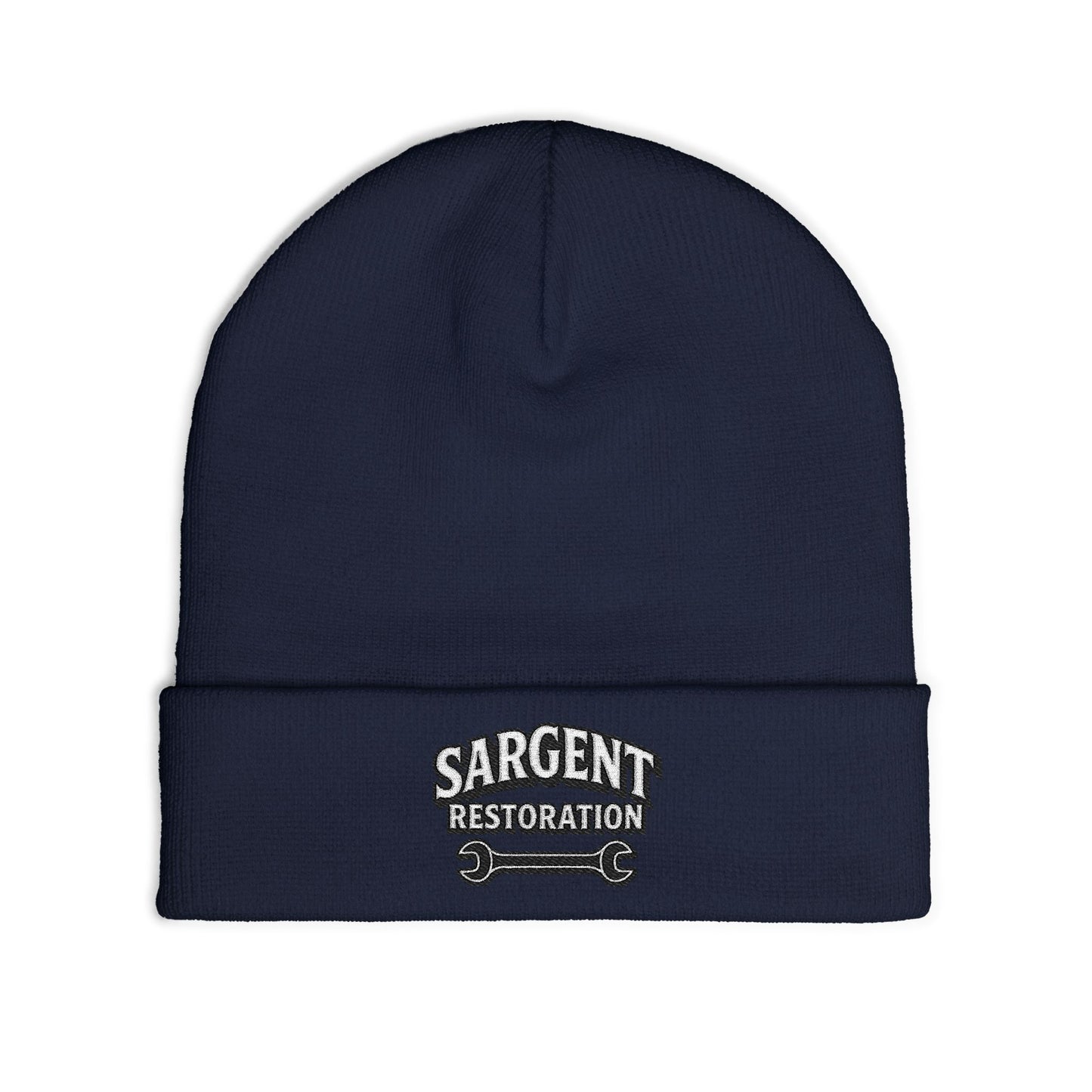 Embroidered 'Sargent Restoration' Knit Beanie – Mechanic Wrench Cuff Hat